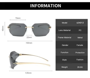 Detailed dimension chart for oversized rimless sunglasses showing lens and frame measurements