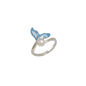 Silver adjustable ring featuring a blue enamel whale tail holding a freshwater pearl