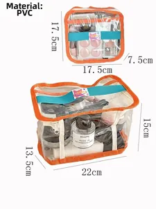 Detailed view of clear PVC toiletry bags with bright orange trim and blue handles