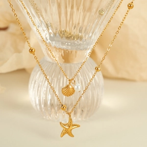 Double Layer Starfish Shell Pendant Necklace Stainless Steel Faux Artificial Pearl Beaded Chain Summer Beach Vacation Jewelry Women