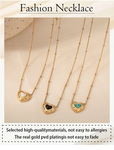 Detailed view of heart-shaped natural stone pendants with PVD gold plated chains