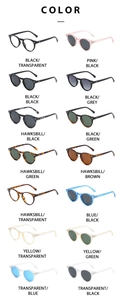 Matrix display of retro round frame sunglasses in 14 various color combinations