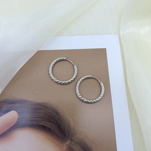 Detail shot of silver titanium steel earrings with textured finish on elegant card