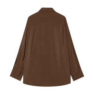 Deep brown poplin shirt for women with elegant draped back and long sleeves