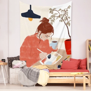 Detail of bohemian wall tapestry featuring a modern artistic girl illustration for bedrooms