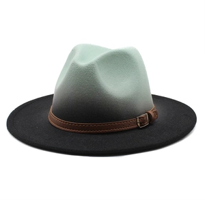 Green and black gradient wool fedora hat with wide brim and decorative leather buckle belt