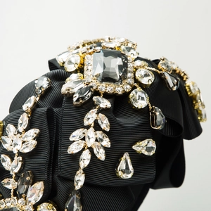 Luxury baroque black ribbon headband with emerald-cut crystal and sparkling rhinestones