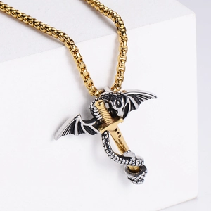 Gothic Dragon Wrapping Sword Pendant Necklace 304 Stainless Steel Hip Hop Punk Jewelry For Men Women