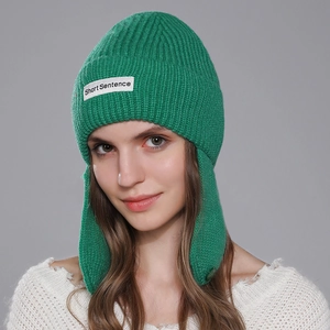 Women Knitted Earflap Beanie Hat Rabbit Hair Acrylic Warm Winter Ribbed Rib Cuff Letter Patch Casual Trendy Cold Weather
