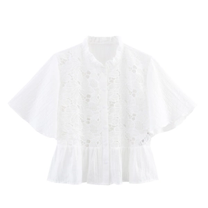 Women Sweet White Lace Patchwork Blouse With Ruffle Short Sleeves Lapel Button Front Loose Fit Casual Shirt Top