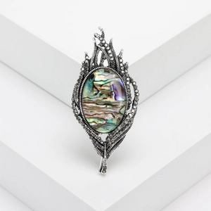 Vintage silver feather brooch with oval abalone shell and black rhinestones for women