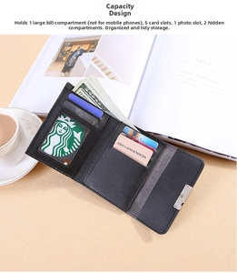 Detail view of tri-fold leather wallet showing 5 card slots and 1 photo window