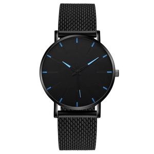 Minimalist ultra-thin black mesh quartz watch with vibrant blue hour markers and hands