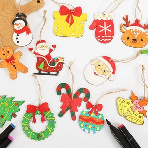 Unfinished Christmas wood ornaments set with twine for DIY crafts and tree decoration
