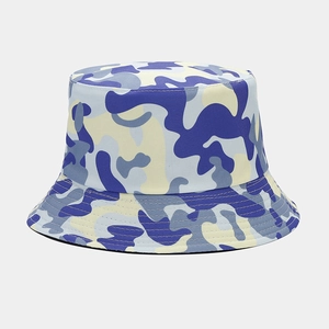 Close-up of camo bucket hat featuring detailed parallel stitching on the brim