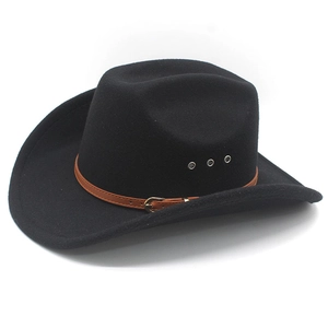 Detail of black felt cowboy hat featuring three silver side ventilation holes and leather band