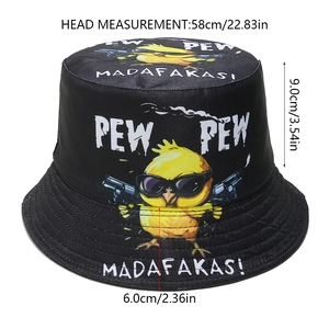 Detail view of cotton sun hat showing 58cm head size and pew pew duck print