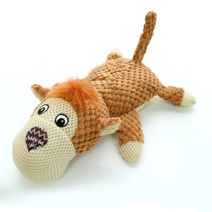 Detail view of the monkey pet toy showing brown corduroy and breathable mesh texture