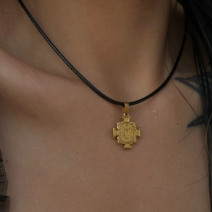 18k gold plated stainless steel Saint Benedict cross pendant on black wax cord