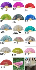 Detailed grid showing colorful laser PVC kung fu fans with bamboo ribs in various colors