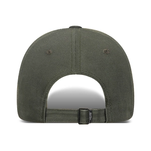 Olive green camouflage baseball cap with adjustable strap and metallic buckle back view