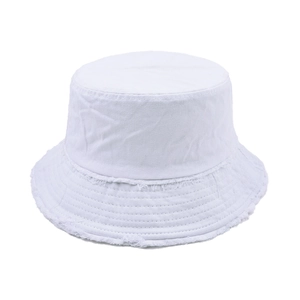 Close-up of the frayed edges and stitching detail on white cotton bucket hat brim