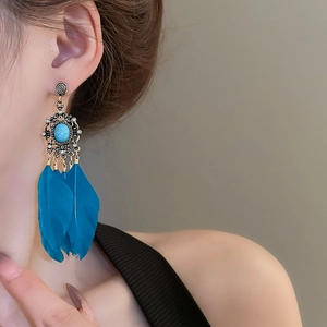 Détail de boucles d'oreilles bohèmes avec plumes bleues et centre en pierre turquoise