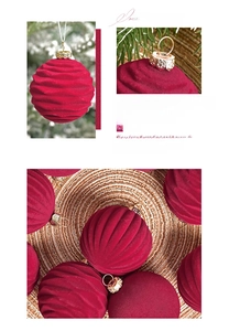 Macro detail of 6cm burgundy velvet Christmas ball with wave texture and gold cap