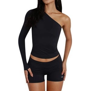 Women's two-piece black athletic set with off-shoulder long sleeve top and slim-fit shorts