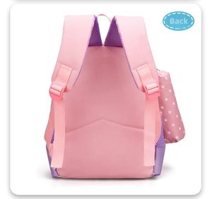 Close-up of pink and purple kids backpack featuring breathable mesh straps and star pouch
