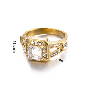 Detailed view of gold ring with square zircon stone including 11.5mm size and 6.6g weight