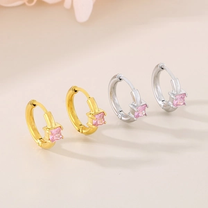 Retro quadrilateral pink crystal hoop earrings in gold and silver stainless steel