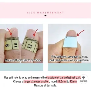 Size measurement guide for press-on nails showing ruler and paper measuring techniques