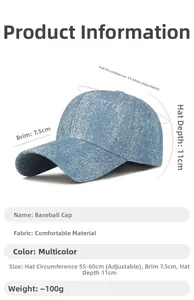 Detailed view of light blue tie-dye baseball cap with adjustable strap and size specs