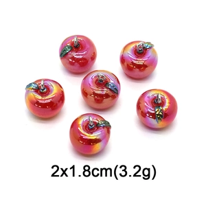 Detail showing pink iridescent apple charms with green leaf and size 2x1.8cm spec