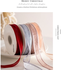 Detail of velvet and organza Christmas ribbon rolls in assorted festive colors
