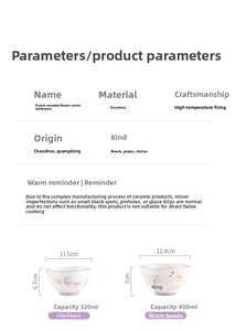 Detailed size chart for floral ceramic bowls showing 4.5 and 5 inch dimensions and capacity