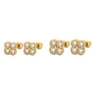 Two pairs of gold-colored clover earrings with transparent zircon inlay on a white background