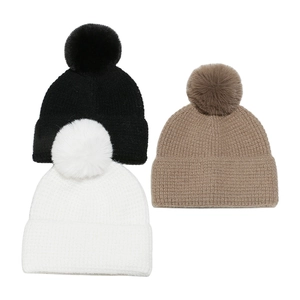 Women Winter Knit Beanie Hat Waffle Grid Faux Mink Fur Pom Pom Soft Warm Windproof Daily Outdoor Headwear