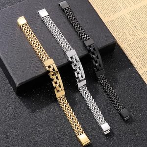 Three-piece set of woven square hollow bracelets in gold, silver and black stainless steel