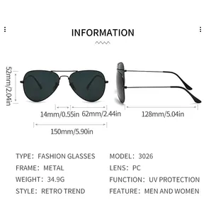 Detailed size chart for pilot sunglasses featuring frame dimensions and UV protection specs