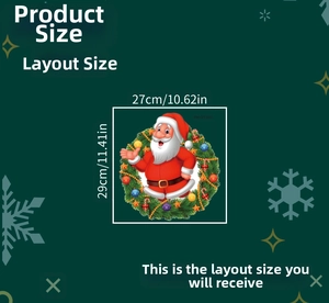 Detailed size specifications for Santa Claus Christmas wreath window stickers and wall decals