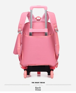Detail view of the ergonomic breathable mesh straps and durable trolley system on the pink backpack
