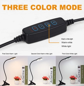 LED desk lamp with clamp showing three color modes and inline controller details