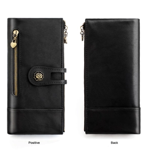 Front and back view of long black RFID leather wallet with rose emblem and heart zipper
