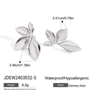 Detail view of silver leaf earrings in stainless steel with size and weight metrics