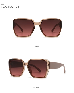 Front and side view of tea red oversized square sunglasses with gradient lenses