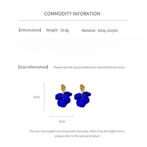 Detailed size specifications for blue petal earrings with gold alloy and silver needle