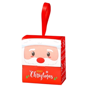 Festive Santa Claus Christmas gift box with red ribbon handle and Merry Christmas text