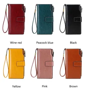 Portafogli lunghi retrò da donna in pelle cerata con protezione RFID in sei colori